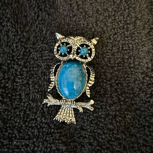 Vintage silver with blue owl brooch